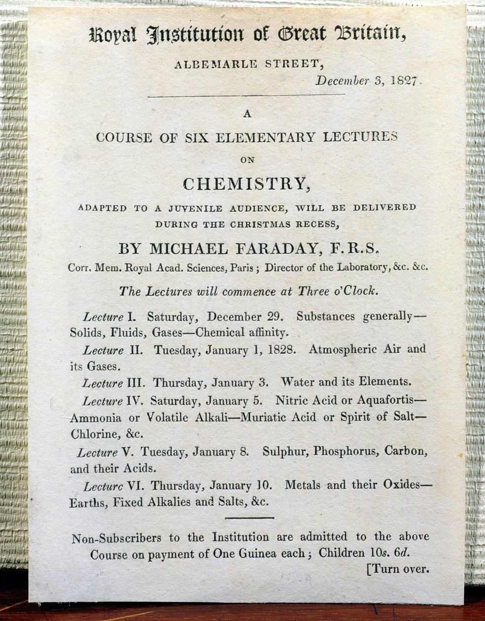 Volantino di Natale per sei lezioni elementari di chimica di Michael Faraday (1778-1829) 3 dicembre 1827 da English School