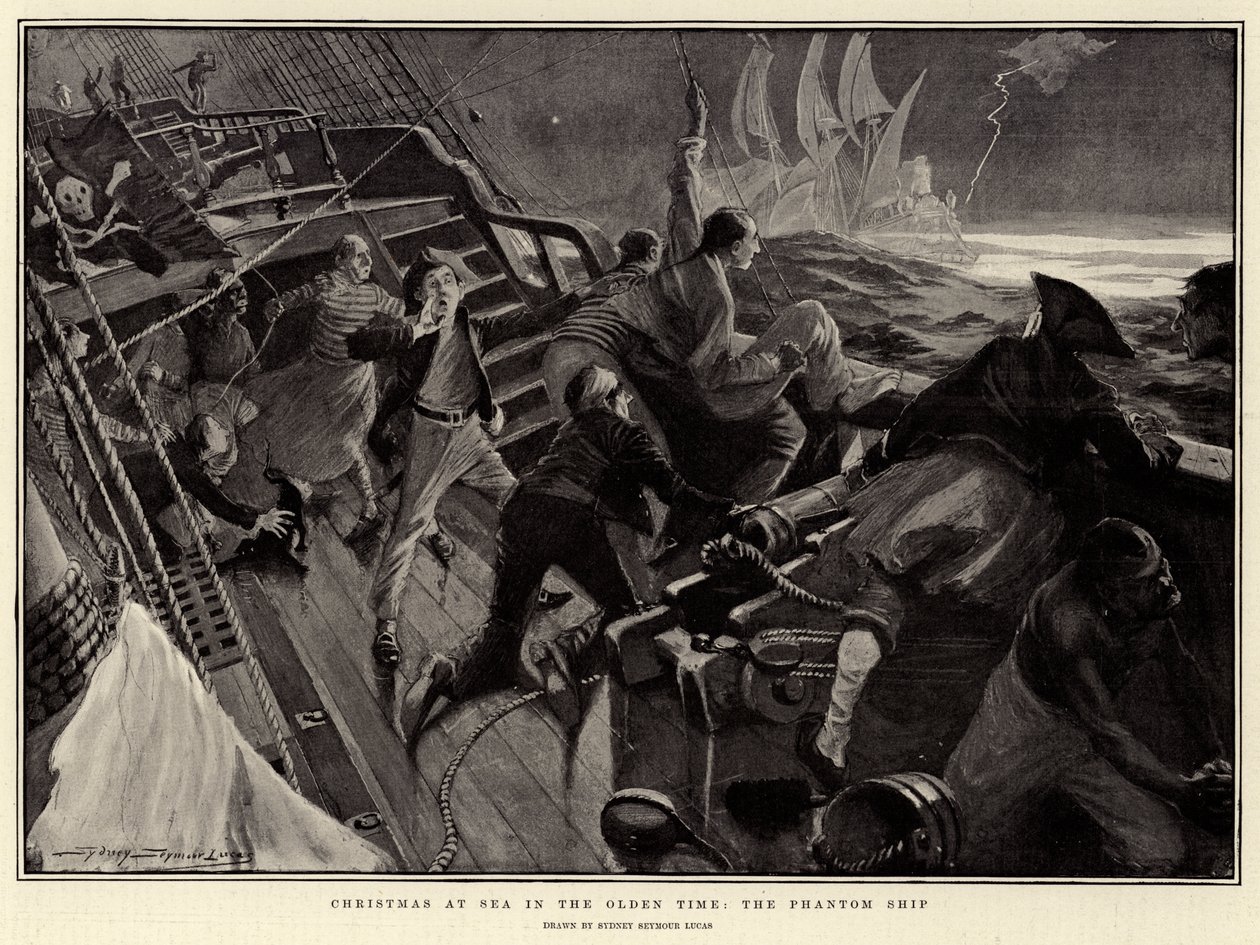 Natale in mare in tempi antichi, la nave fantasma (litografia) da English School