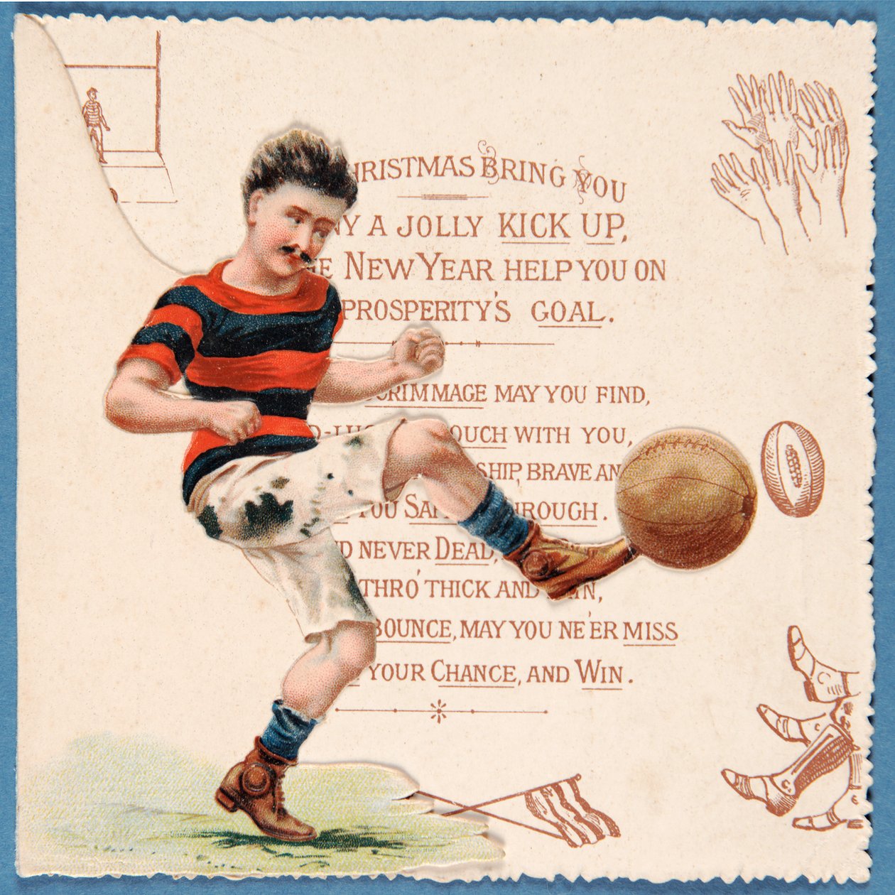 Cartolina di Natale raffigurante un calciatore che calcia una palla, c.1890s da English School