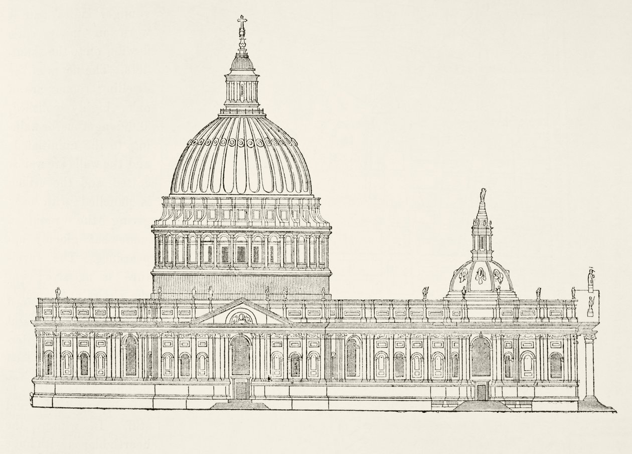 Primo progetto di Christopher Wren per la nuova Cattedrale di St. Paul dopo il Grande Incendio di Londra, da The National and Domestic History of England di William Hickman Smith Aubrey (1858-1916) pubblicato a Londra da English School