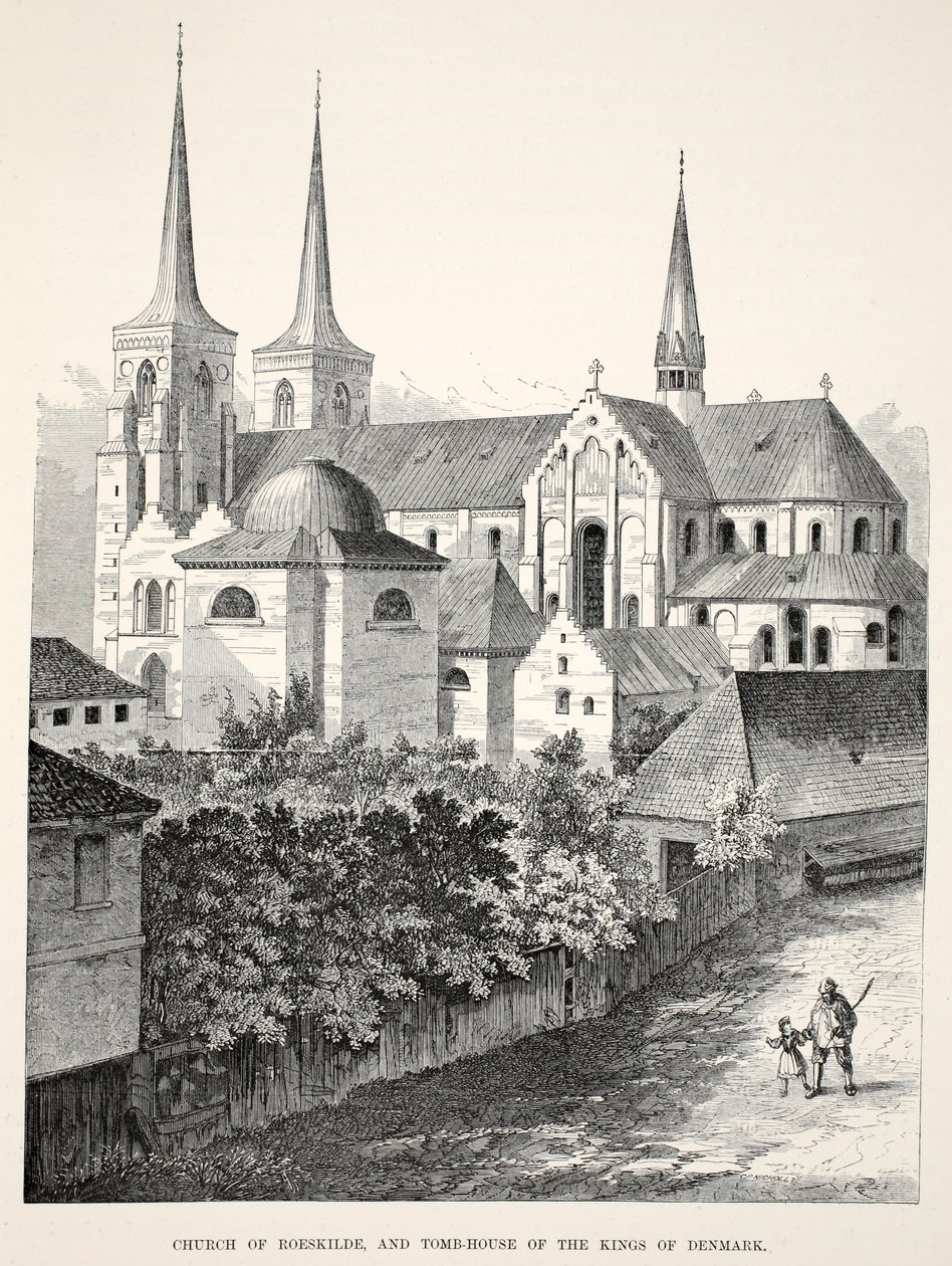 Chiesa di Roeskilde e Tomba dei Re di Danimarca, da A Memorial of the Marriage of Edward VII and Alexandra of Denmark, pub. 1864 (incisione su legno) da English School