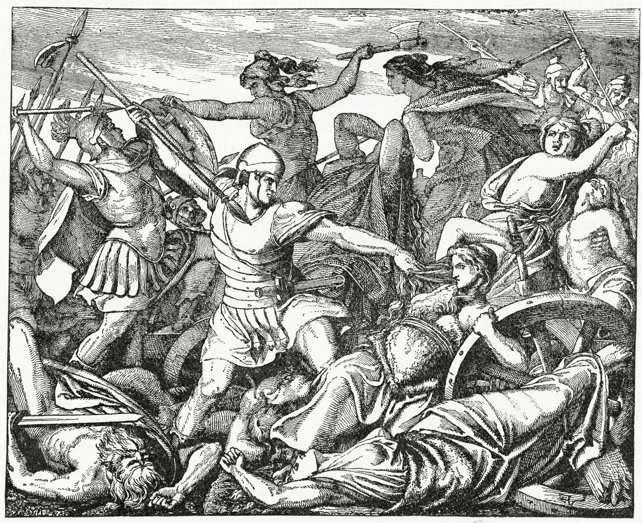Donne cimbriche difendono il loro carro fortificato dai soldati romani, 1882 da English School
