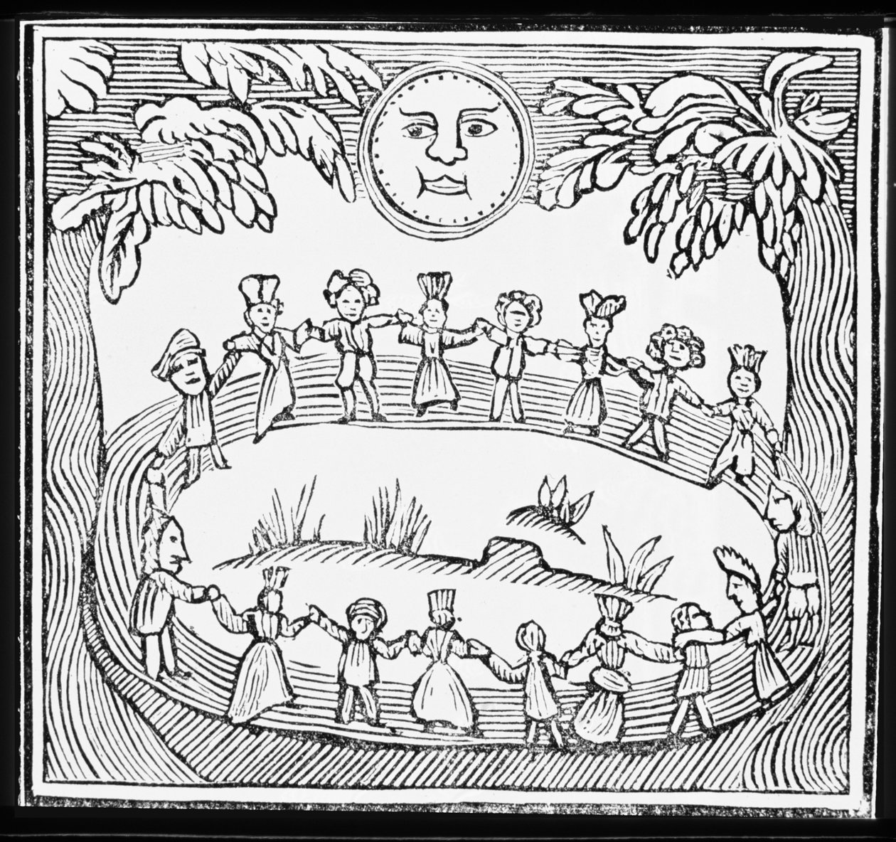 Cerchio di streghe che danzano sotto la luna piena, illustrazione da una raccolta di chapbook sull