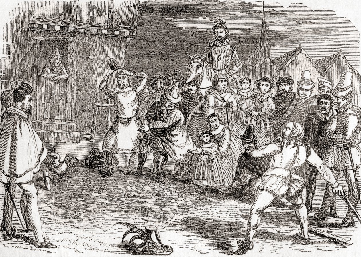 Cock throwing, noto anche come cock-shying o throwing at cocks, da Old England: A Pictorial Museum, pub. 1847 da English School