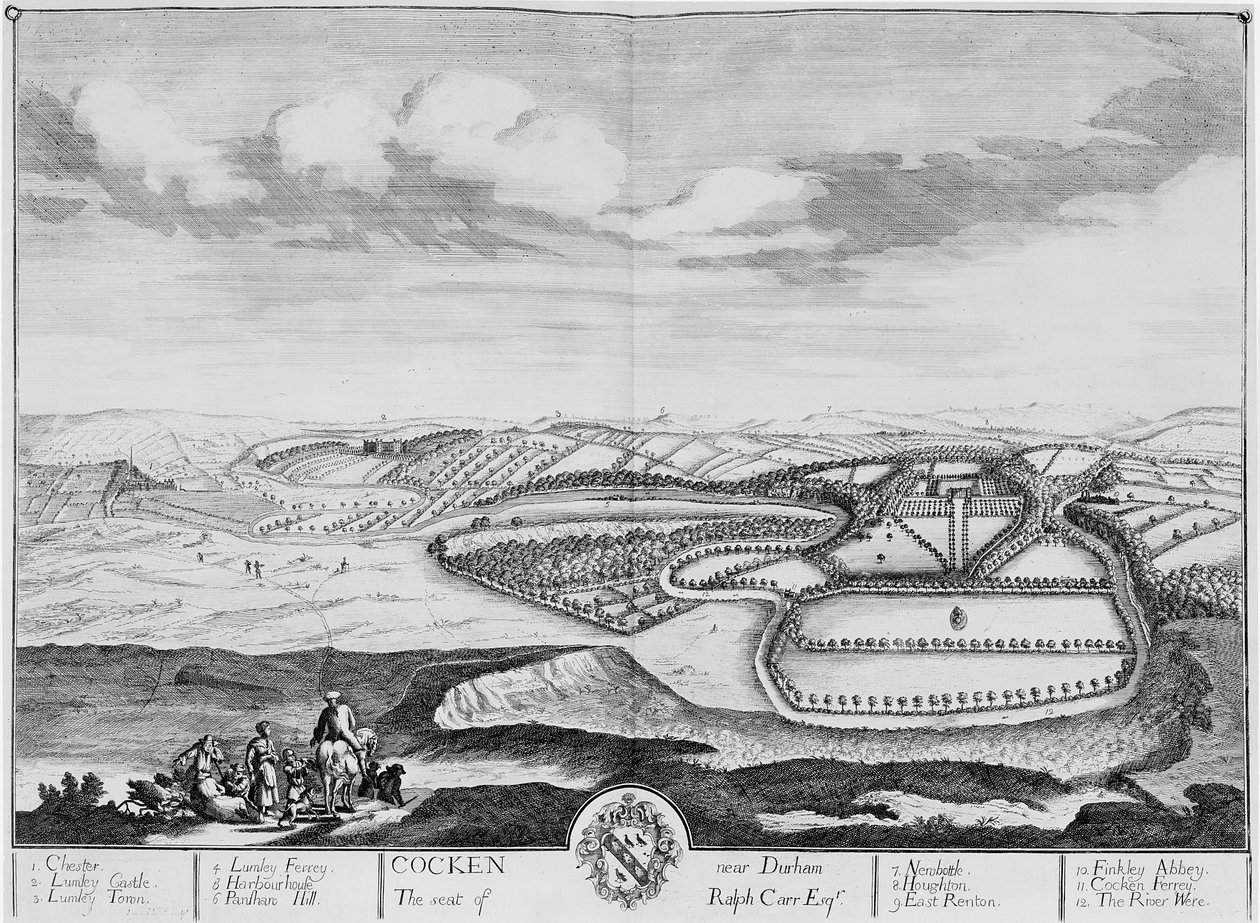 Cocken vicino a Durham, c.1710 (acquaforte) da English School