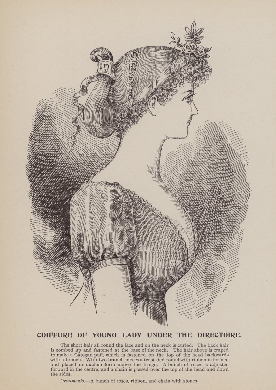 Coiffure di giovane donna sotto il Direttorio (incisione) da English School