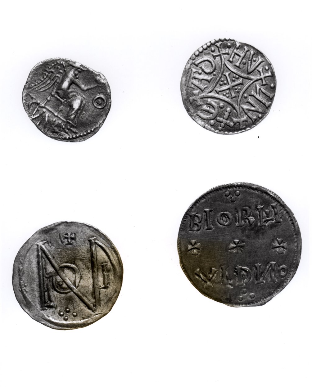 Monete di Cunobelinus o Cymbeline (m. 43 d.C.), Offa, Re di Mercia (757-96 d.C.) e Alfredo (871-99 d.C.) ed Edoardo il Vecchio (871-924 d.C.) da English School
