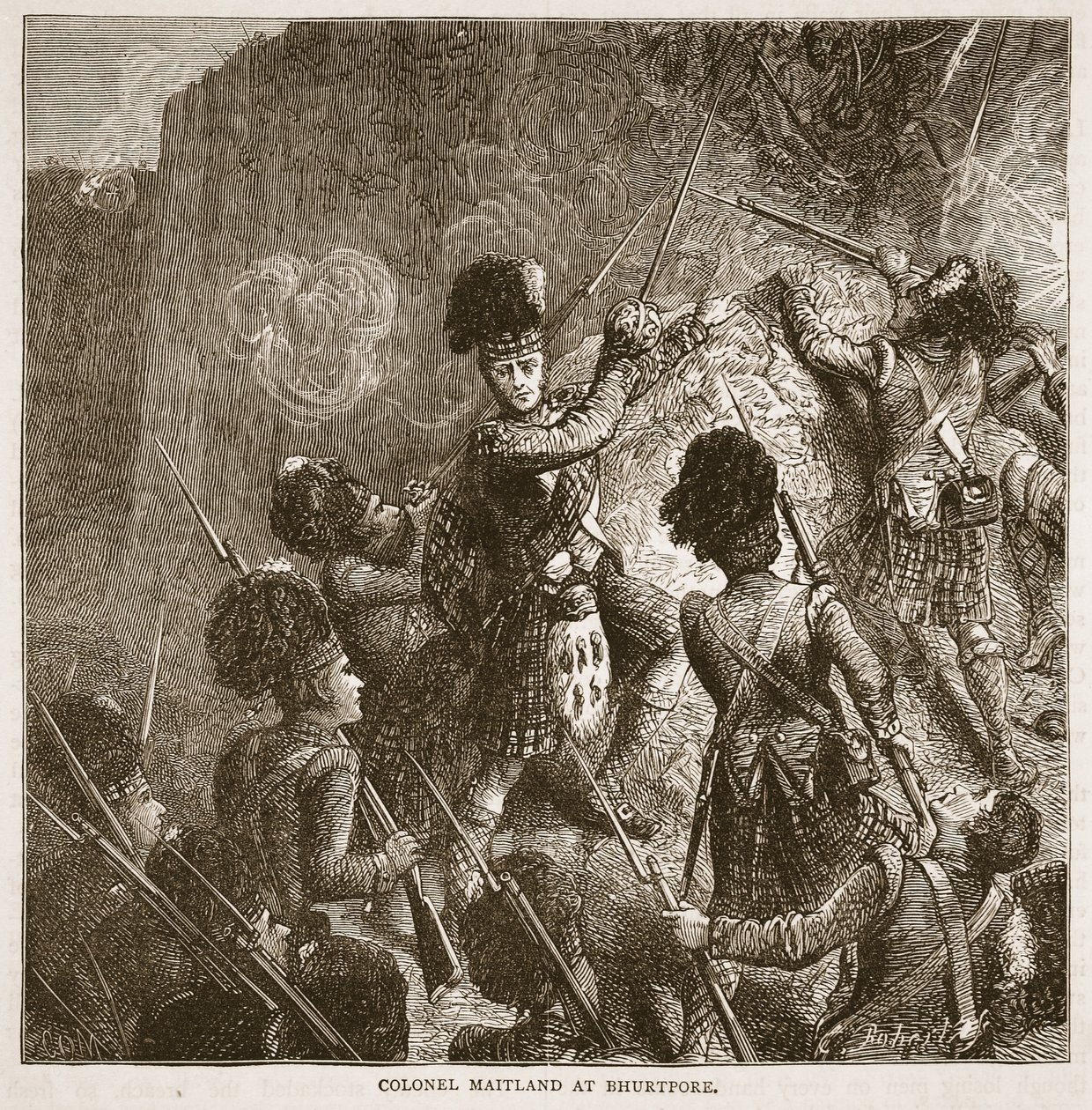 Il colonnello Maitland a Bhurtpore, illustrazione da Cassells Illustrated History of India di James Grant, pub. 1879 da English School