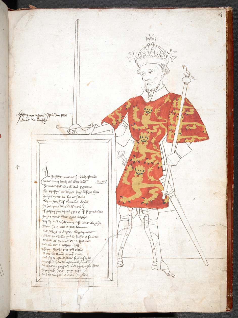 Disegno a colori di un re inglese in armatura e tabarro (Re Giovanni) che presenta una targa con versi. Incompiuto. da English School