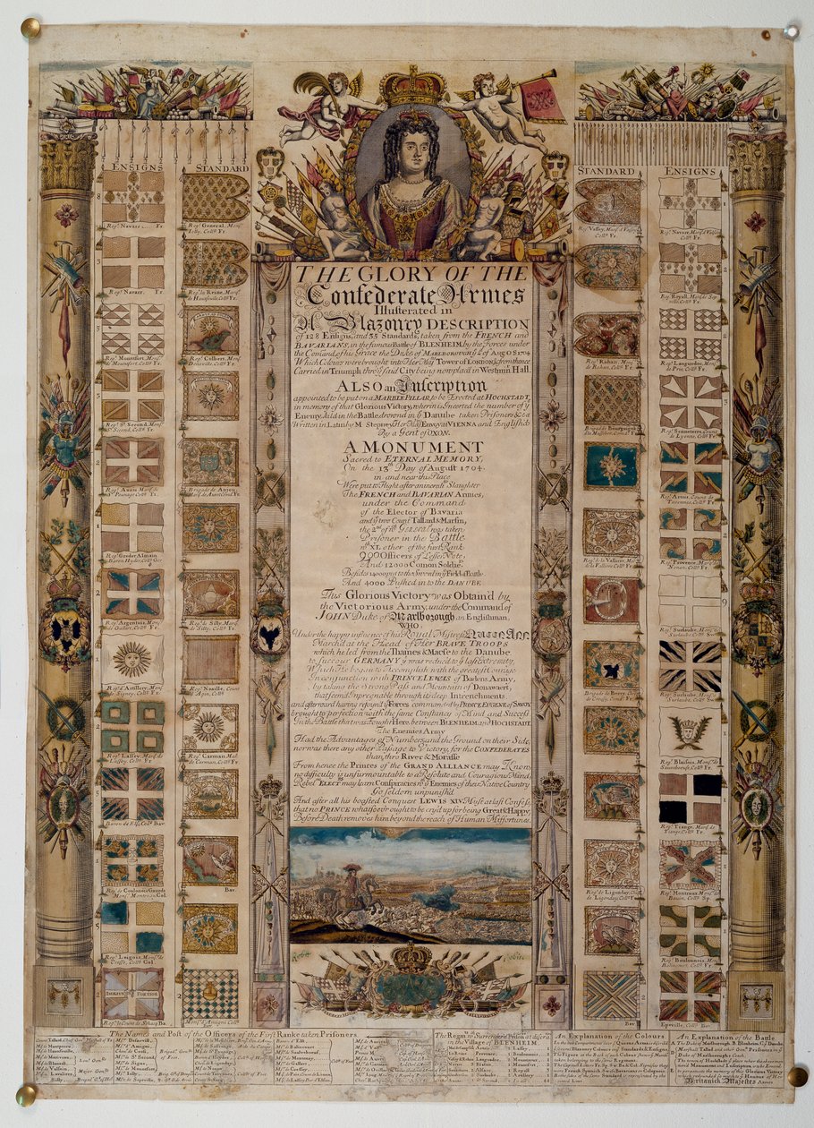 Carta commemorativa che mostra gli stendardi catturati dai francesi dopo la Battaglia di Blenheim, c.1704 da English School