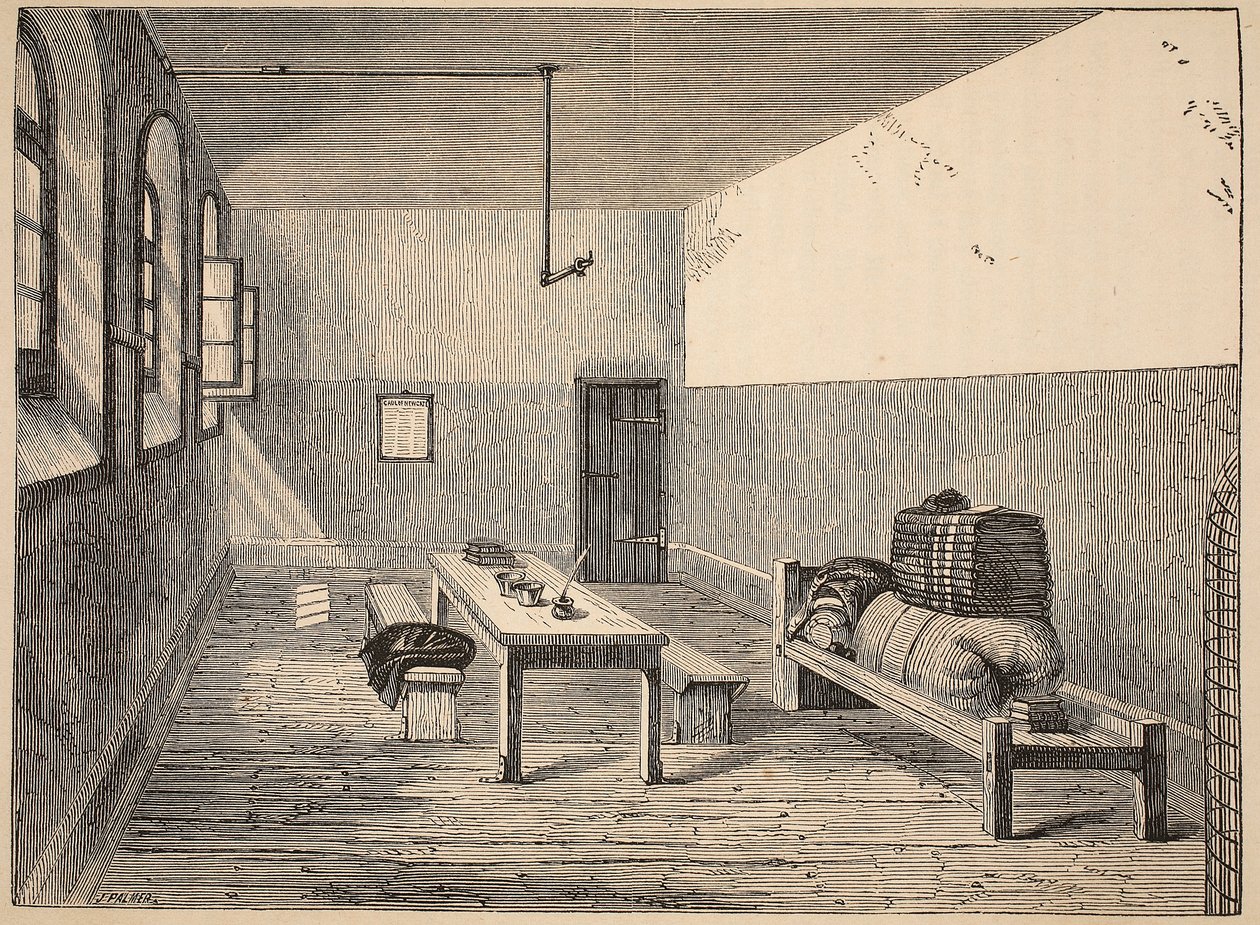 Cella dei Condannati, Newgate, illustrazione da Le Prigioni Criminali di Londra e Scene dalla Vita Carceraria di Henry Mayhew e John Binny, pub. 1862 da English School