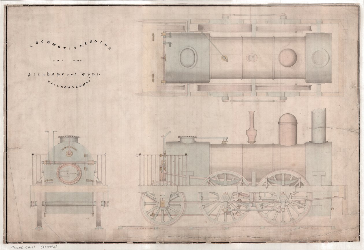 Disegno di costruzione, locomotiva 0-4-2 e tender di R. e W. Hawthorn e Co. per la Stanhope and Tyne Railway Co da English School