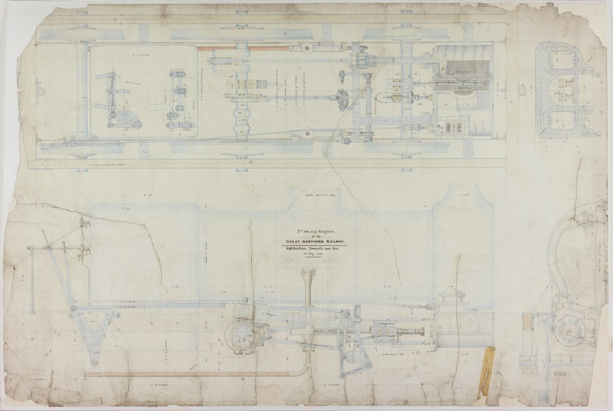 Disegno di costruzione per la locomotiva 2-2-2 di R. & W. Hawthorn & Co. per la Great Northern Railway Co. da English School