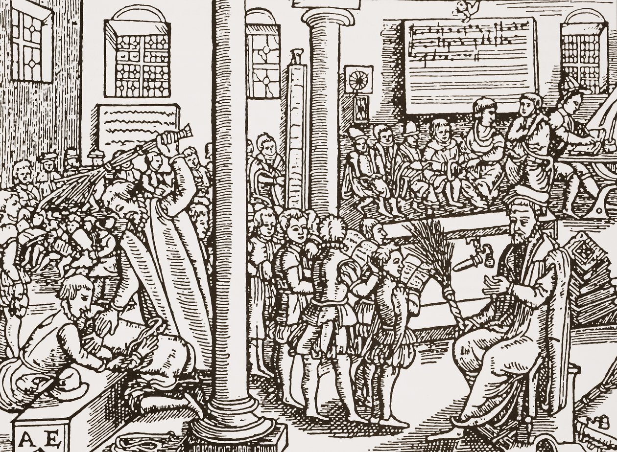 Xilografia contemporanea di una scuola di grammatica Tudor da English School