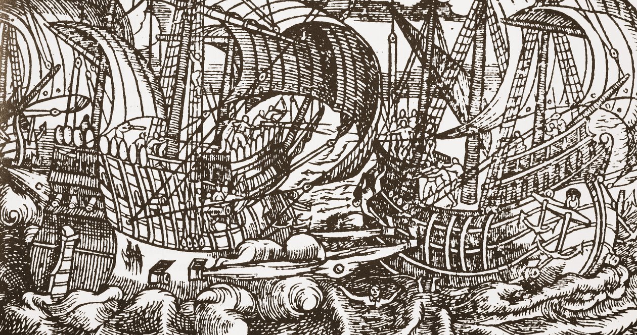 Xilografia contemporanea di una nave da guerra in mare da English School