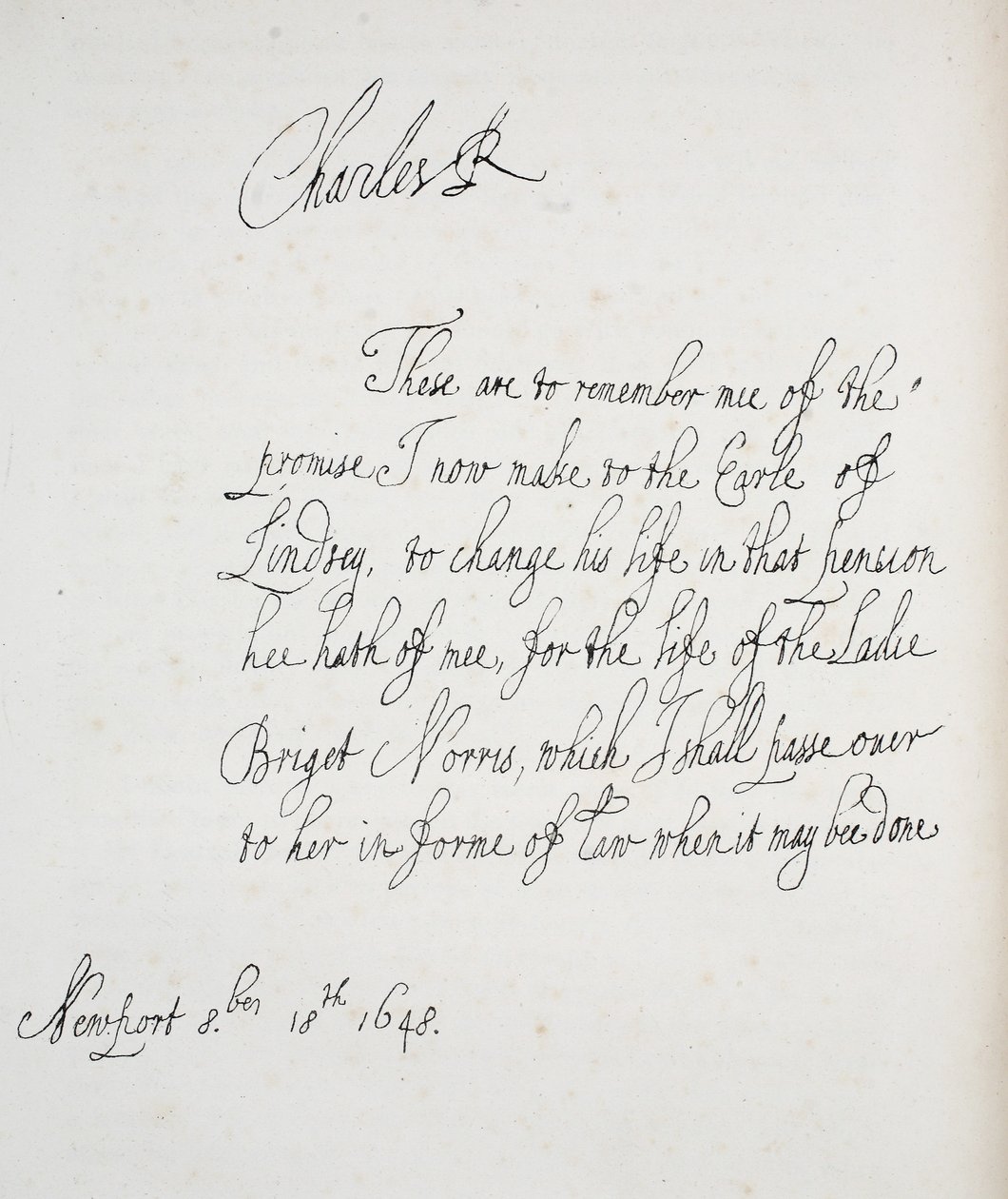 Copia di una lettera scritta da Carlo II, 1648 da English School
