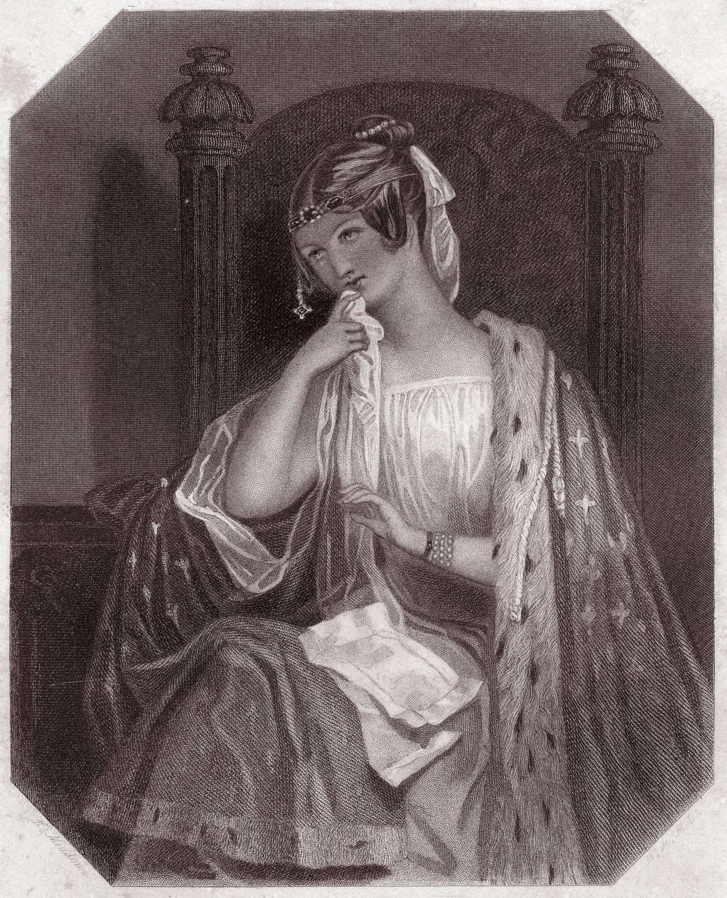 Cordelia (Re Lear) in - "Galleria delle donne di Shakespeare, collezione di quarantacinque ritratti seri dei primi artisti londinesi, arricchita di avvisi critici e letterari" circa 1838 - da "Galleria delle donne di Shakespeare, Col da English School