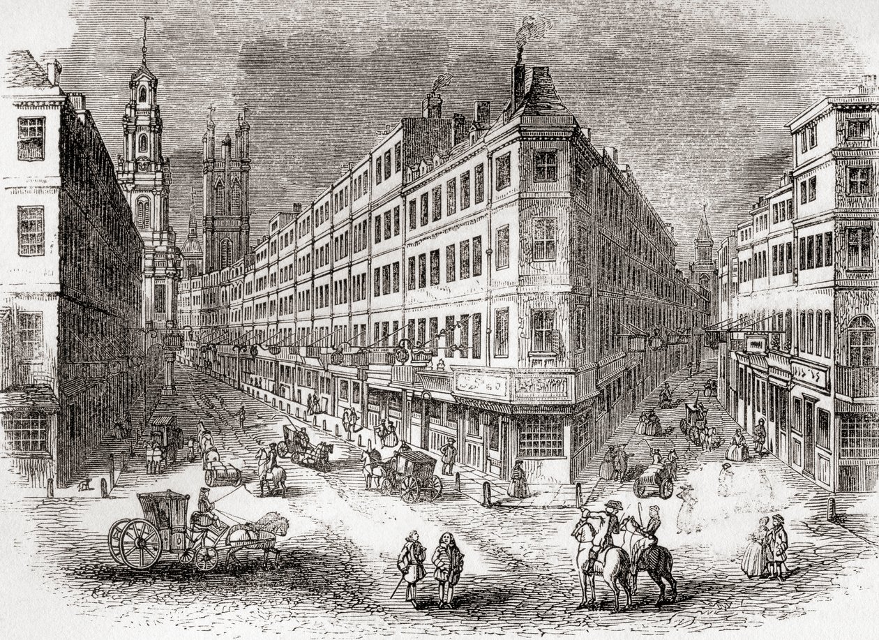 Cornhill, The Exchange e Lombard Street, Londra, Inghilterra a metà del XIX secolo, da Old England: A Pictorial Museum, pub. 1847 da English School