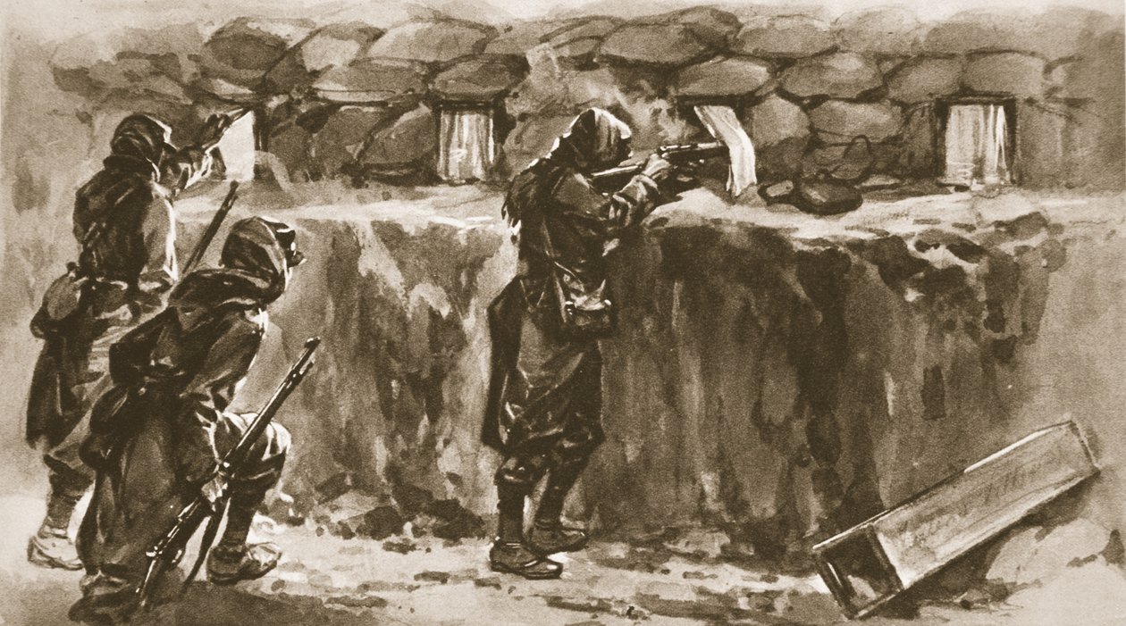 Tende da finestra di cottage come schermi per feritoie di trincea: un espediente francese per ingannare il cecchino nemico, da The Illustrated War News, 1915 da English School