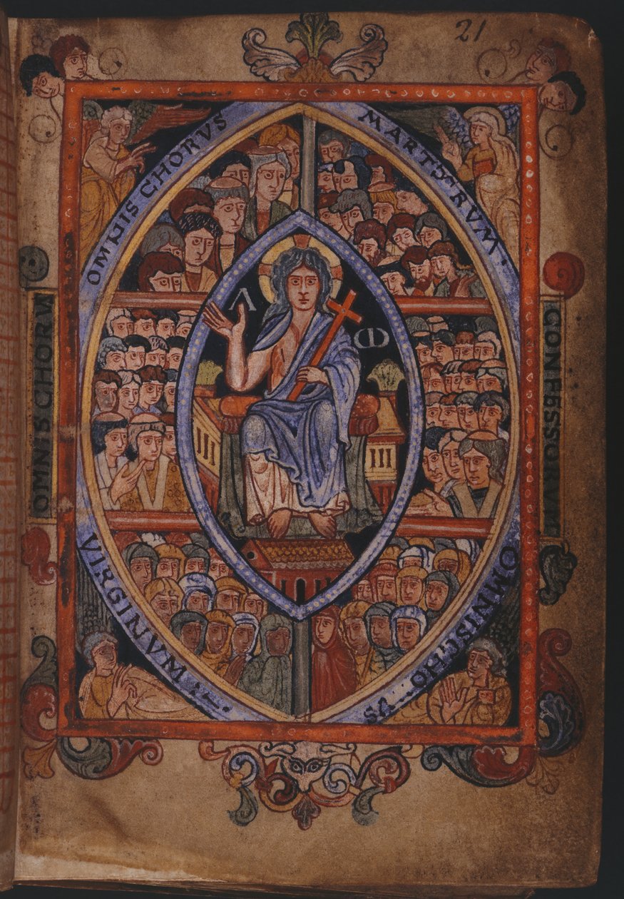 Cotton Galba A. XVIII, f.21 Cristo in trono con cori di martiri, confessori e vergini da English School