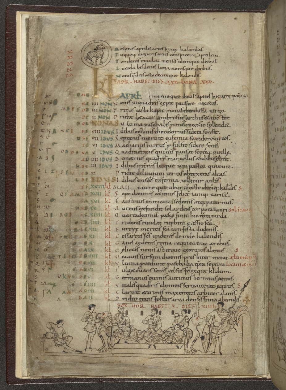 Cotton MS Julius A. VI, f.4v, Pagina del calendario per aprile: Scena di festa con tre nobili da English School