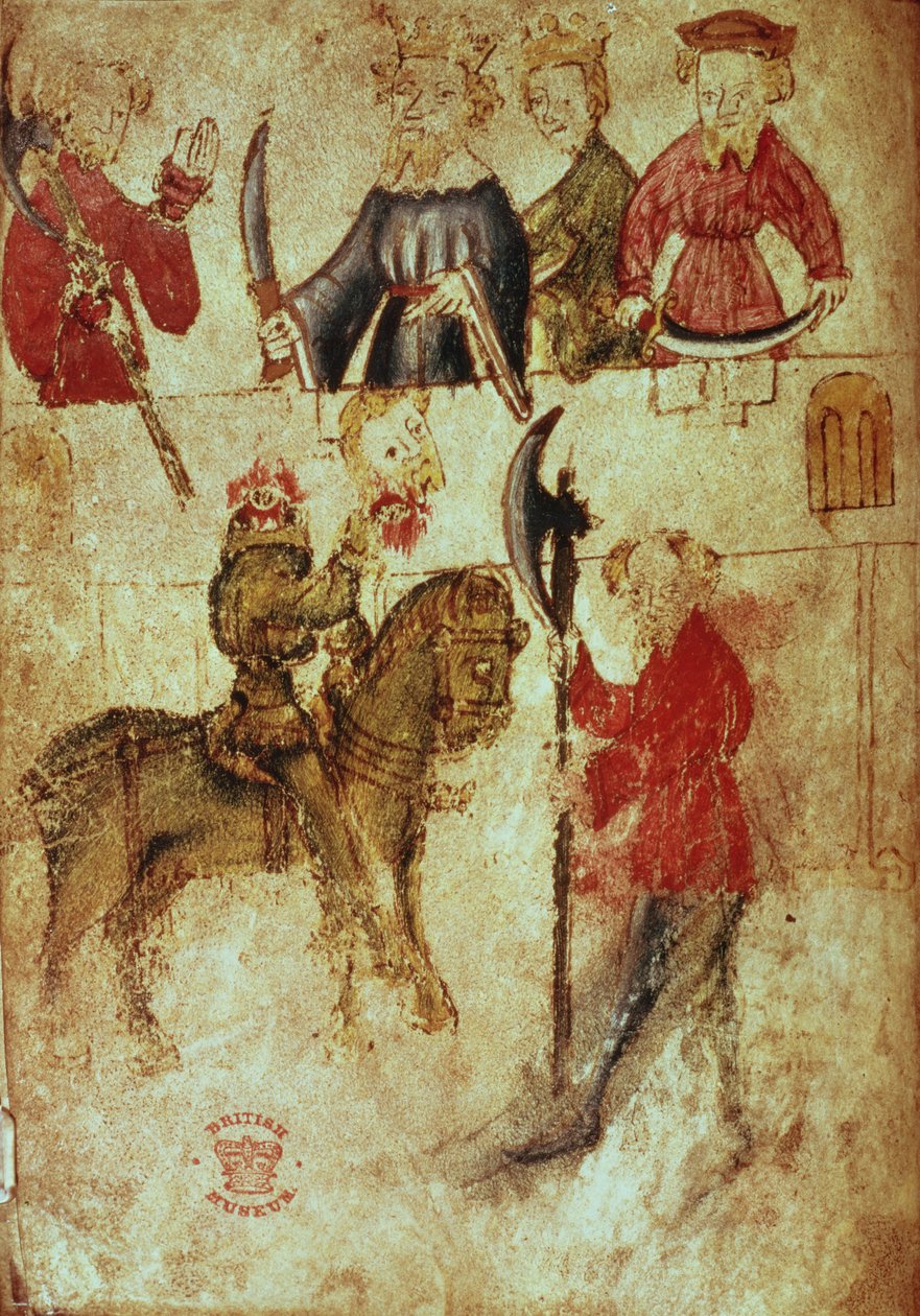 Cotton Nero Ms A X, f.94v: Il Cavaliere Verde senza testa nella Sala di Artù, da 