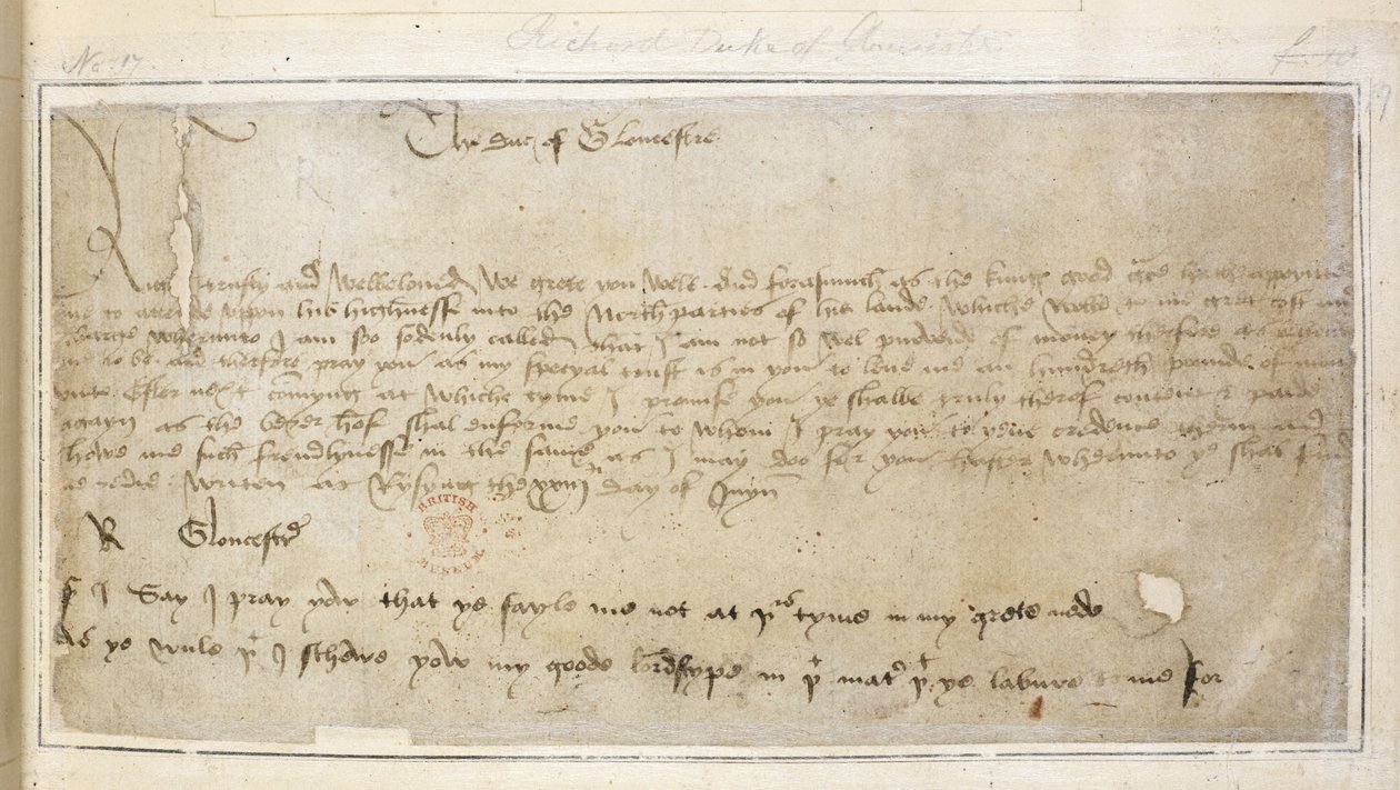 Prima lettera sopravvissuta di Richard a Sir John Say da English School