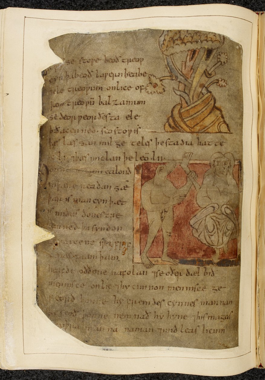 Un albero da cui cresce il balsamo; un donestre, un uomo con testa di bestia, a sinistra che tiene una gamba e un piede umano, e una persona a destra, illustrazione da Beowulf, dal 