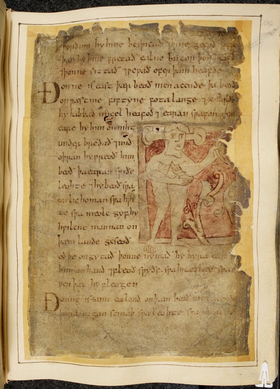 Un panotii, cioè un uomo con orecchie che sporgono su steli, che tiene un oggetto che sembra un arco, illustrazione da Beowulf, dal 