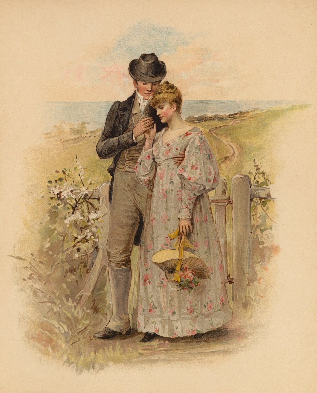 Coppia di corteggiatori a passeggio in campagna (cromolito) da English School