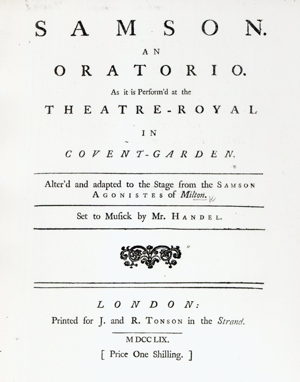 Copertina dello spartito per Samson, un oratorio di Handel, pubblicato nel 1759 da English School