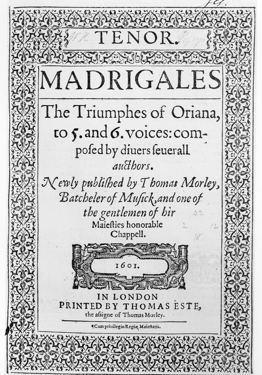 Copertina della parte del Tenore di The Triumphes of Oriana, pubblicato da Thomas Este, 1601 da English School
