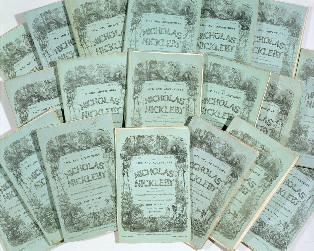 Copertine delle pubblicazioni mensili di La vita e le avventure di Nicholas Nickleby di Charles Dickens, pubblicato nel 1839 da English School
