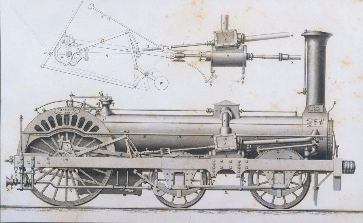 Locomotiva a vapore di Crampton da Cyclopaedia of Useful Arts & Manufactures, a cura di Charles Tomlinson, c.1880s da English School