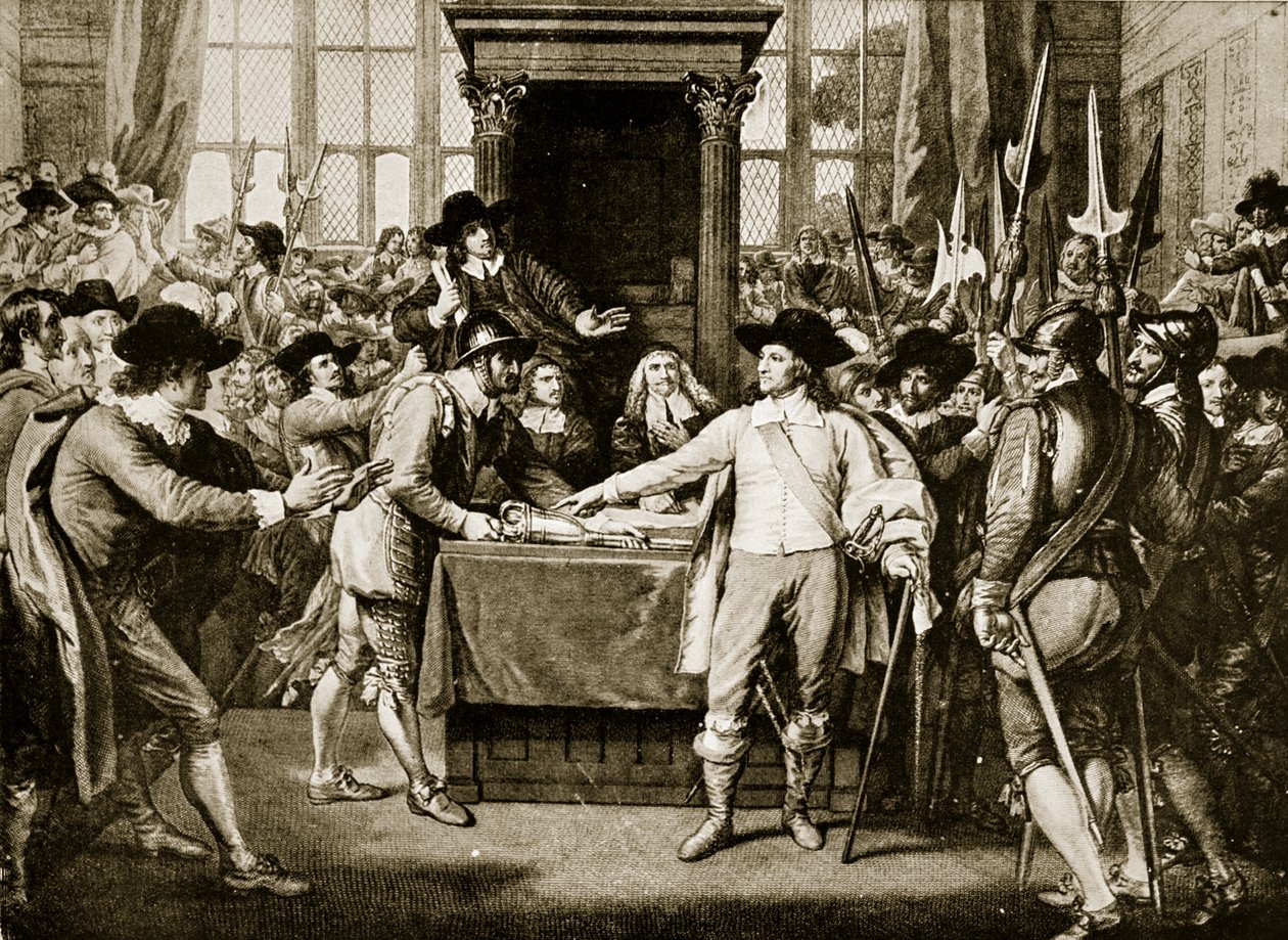 Cromwell scioglie il Lungo Parlamento, 1653, illustrazione da Hutchinsons Story of the British Nation da English School
