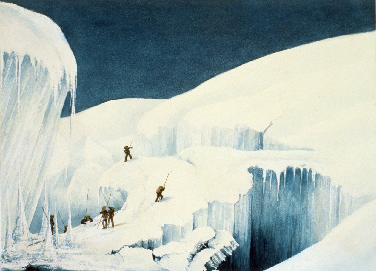Attraversando un burrone, da A Narrative of an Ascent to the Summit of Mont Blanc di Charles Fellows, pubblicato nel 1827 da English School