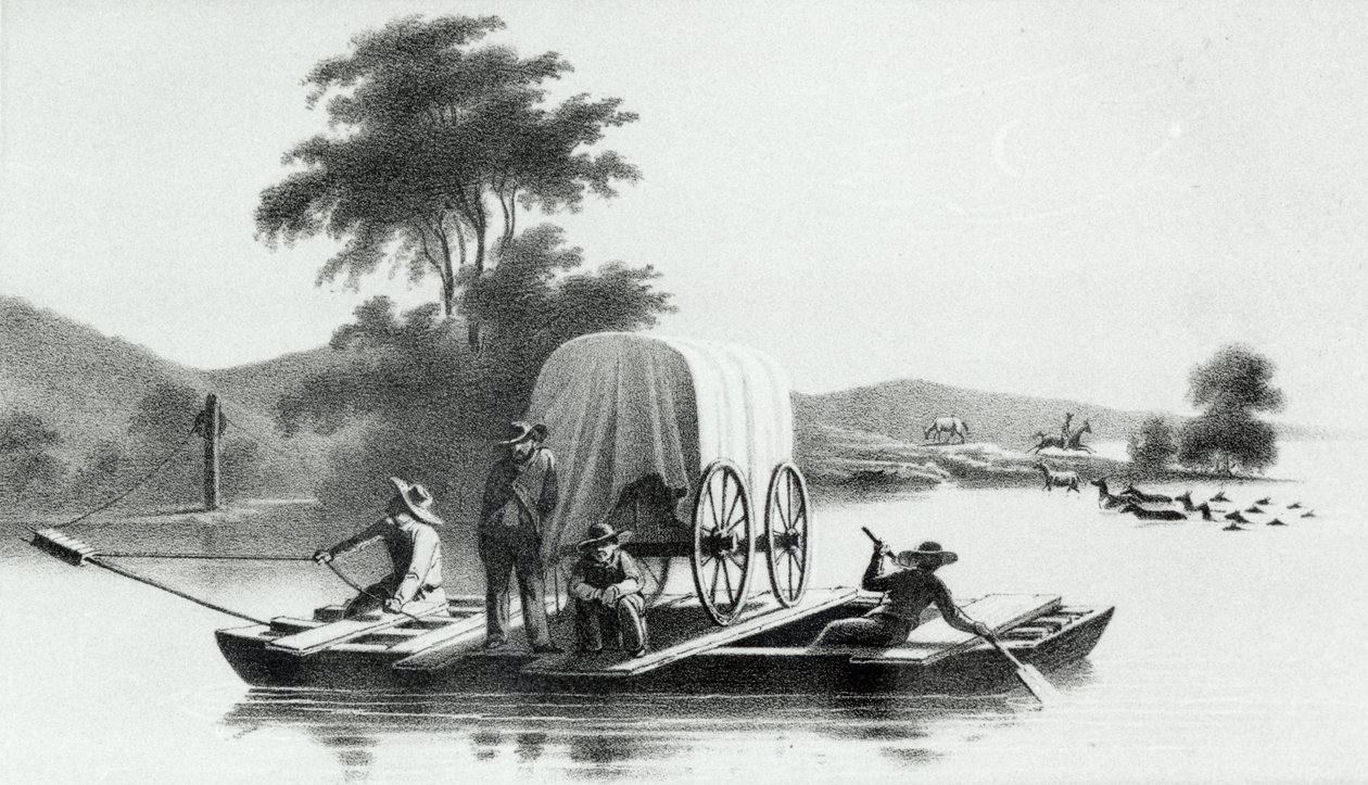 Attraversamento della foce del Platte a Deer Creek, da Esplorazione e rilevamento della valle del Grande Lago Salato dello Utah di Howard Stansbury, pubblicato nel 1852 da English School