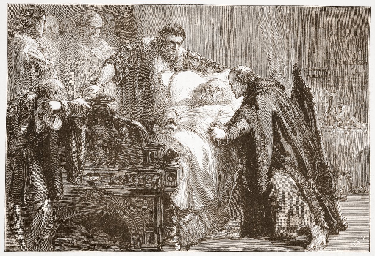 Morte di Federico il Saggio, Elettore di Sassonia, illustrazione da La storia del protestantesimo di James Aitken Wylie, pub. 1878 da English School
