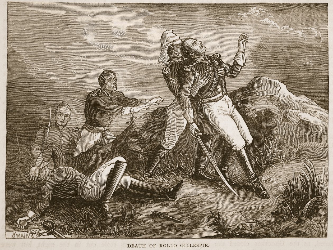 La morte di Rollo Gillespie, illustrazione da Cassells Illustrated History of India di James Grant, pub. 1879 da English School