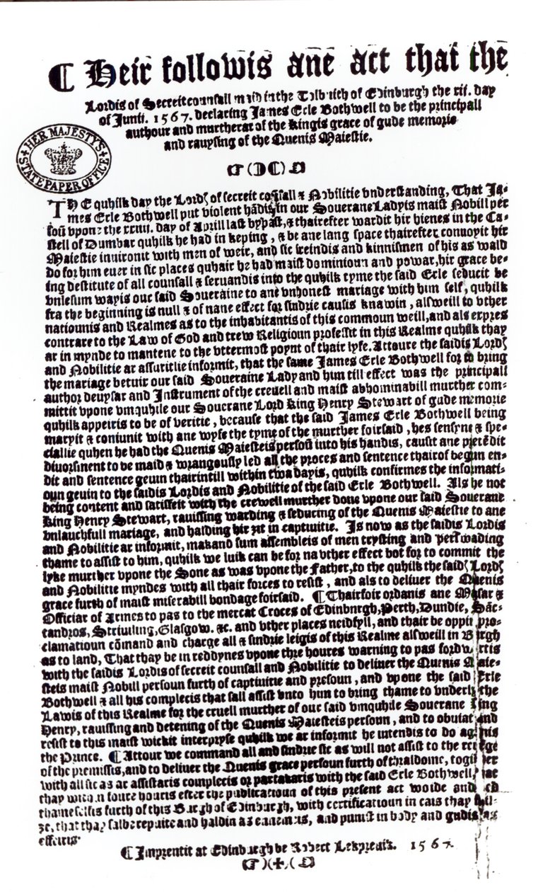 Dichiarazione dei Lord che indica il Conte di Bothwell come l