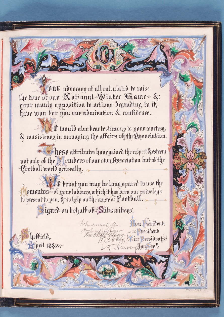 Dedica di un indirizzo presentato dalla Sheffield Football Association a William Pierce-Dix in occasione del suo pensionamento come Segretario, 1882 da English School