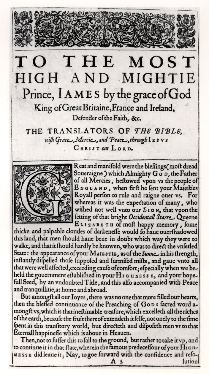 Pagina di dedica nella Bibbia Sacra, pub. da Robert Barker, 1611 da English School