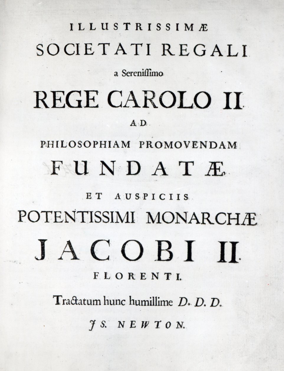 Dedica alla Royal Society della prima edizione dei Principia Mathematica di Newton, 1687 da English School