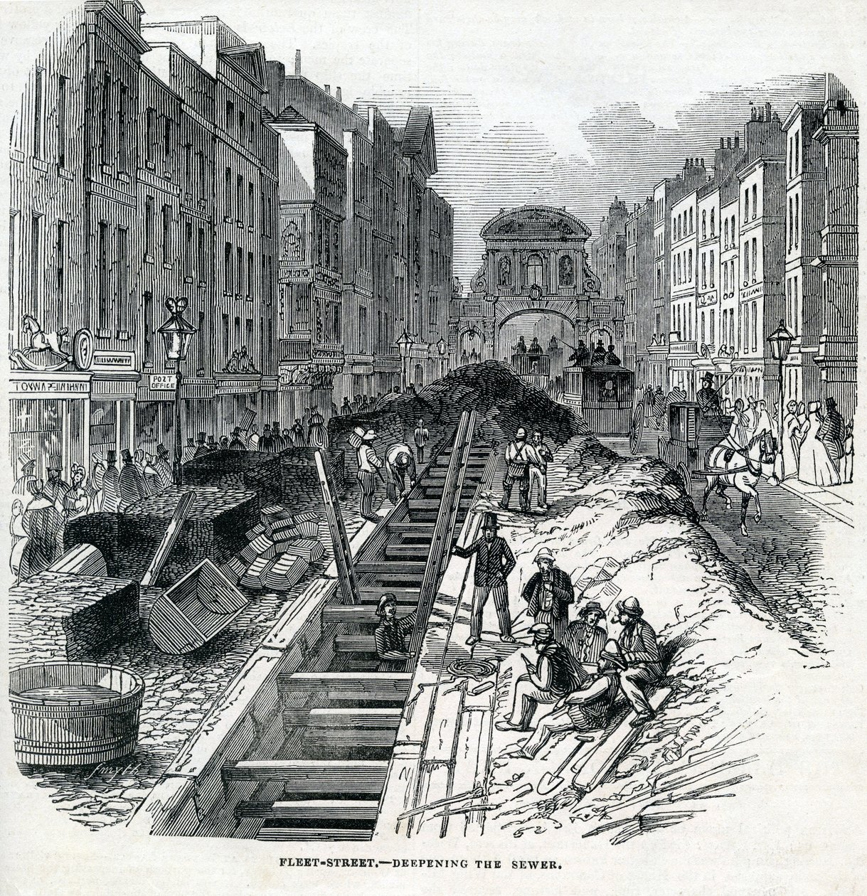Approfondimento della fogna di Fleet Street, Londra, 1845 da English School