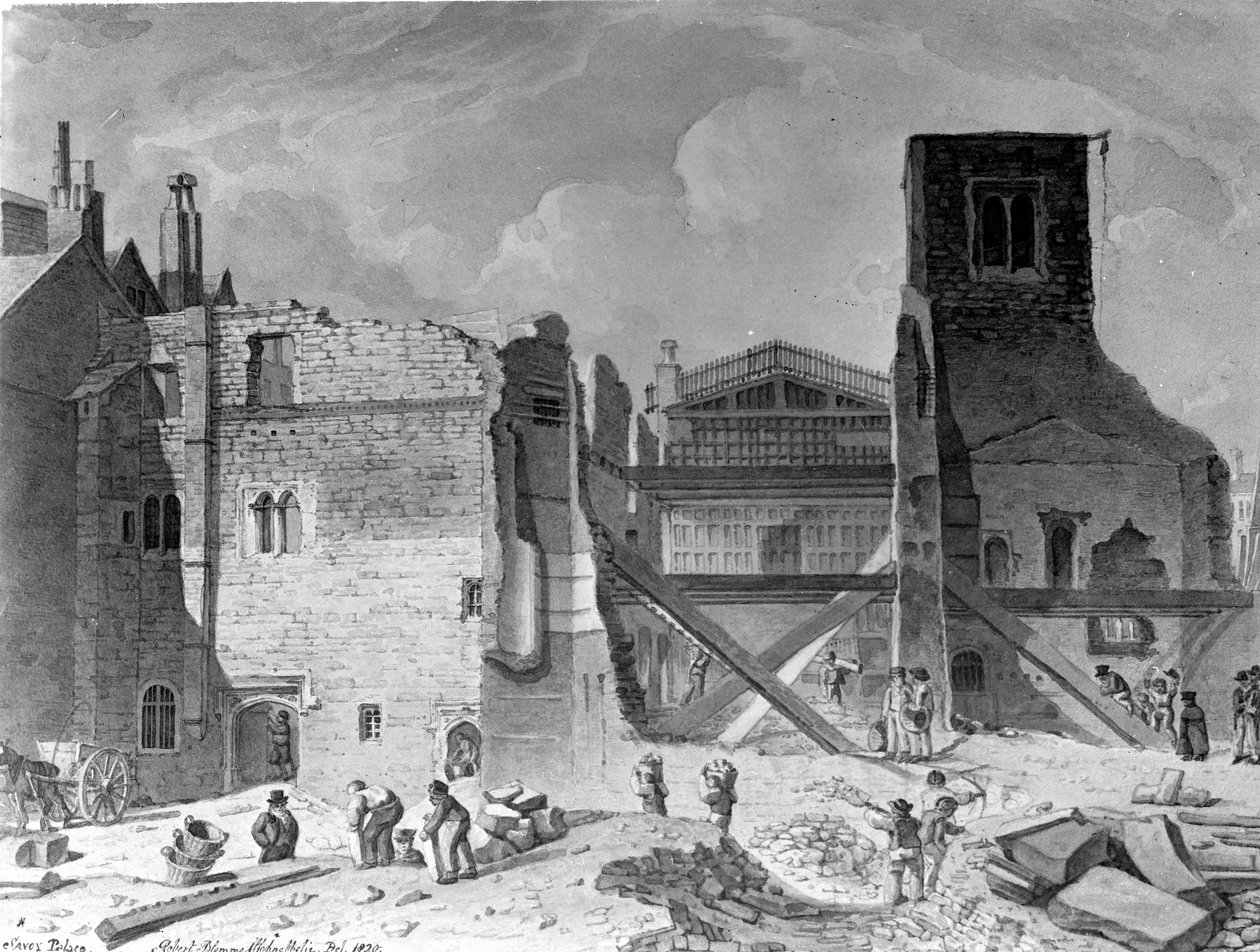 Demolizione del Palazzo Savoy, Westminster, Londra, 1820 da English School