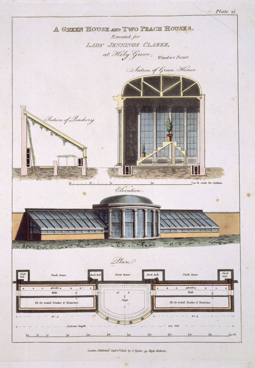 Progetto per una serra e due case delle pesche, 1806 da English School