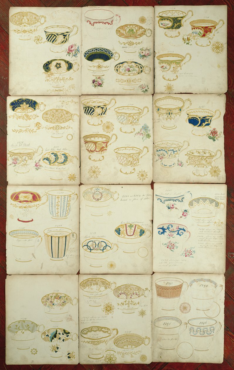 Progetti per tazze da tè prodotte alla Daniel Factory, Staffordshire, c.1845 da English School