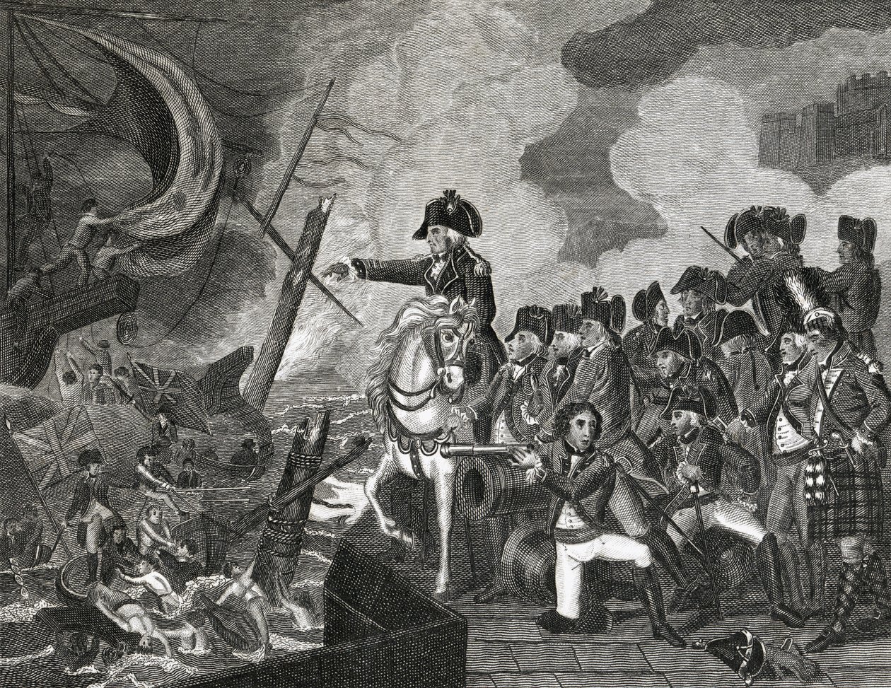 Distruzione delle cannoniere davanti a Gibilterra, inciso da H.Cook, 1816 da English School