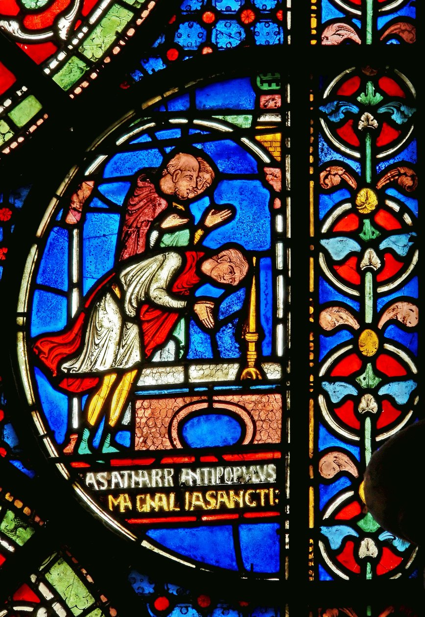 Dettaglio dalla Finestra dei Miracoli raffigurante Eilward di Westoning che ringrazia alla tomba di Tommaso Becket da English School