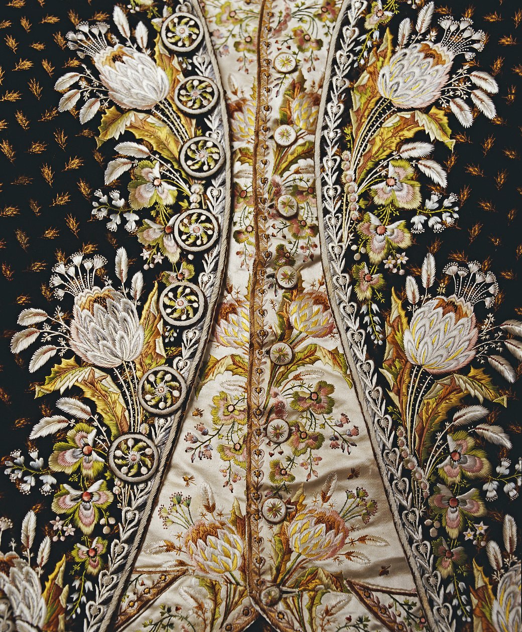 (dettaglio) di un abito completo da gentiluomo, composto da cappotto, panciotto e calzoni, 1780-90 da English School